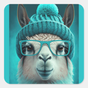 Sticker Carré Drôle Llama Alpaca mignonette Animaux Beanie Casqu