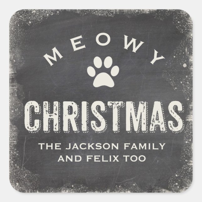 Sticker Carré Drôle Meowy Joyeux chat de Noël Paw personnalisé (Devant)