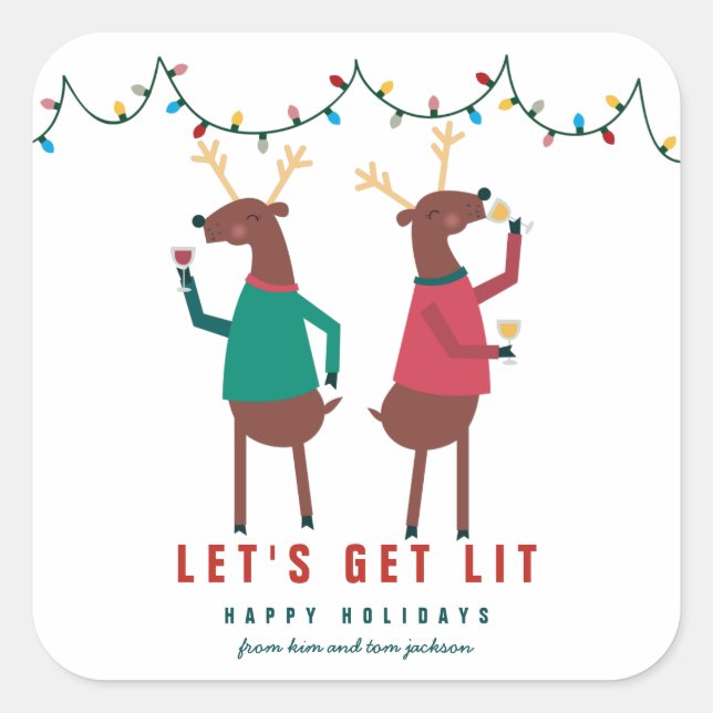 Sticker Carré Drôle Obtenons Lit Vin Boire Reindeer (Devant)