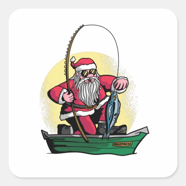 Sticker Carré Drôle Père Noël Pêche Noël Poisson Cadeau (Devant)