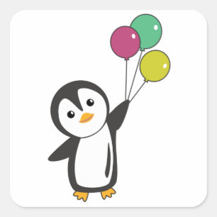 Sticker Carré Drôle Pingouin S'Envole Avec Des Ballons