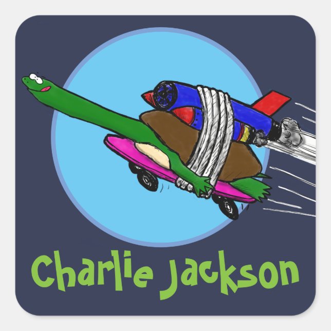 Sticker Carré Drôle tortue volante sur skateboard dessin animé (Devant)