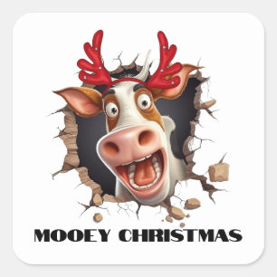 Sticker Carré Drôle vache visage Noël caricature argent Noël Noë