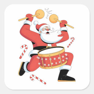 Sticker Carré Drummer de Père Noël moche Noël Noël Xmas Drumming