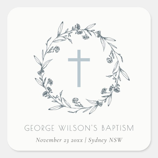 Sticker Carré Dusky Blue Floral Laurel Wreath Monogramme Baptême (Devant)
