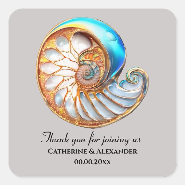 Sticker Carré Dusky Blue Gold Conch Shell Thank You (Devant)