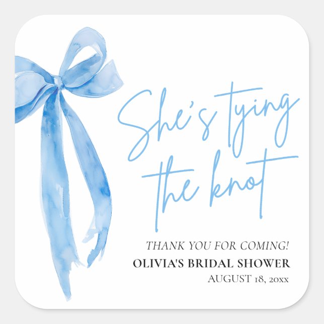 Sticker Carré Dusty Blue Bow She's Tying the Knot Fête des marié (Devant)