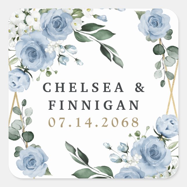 Sticker Carré Dusty Blue et or élégant Floral Rustic Mariage (Devant)