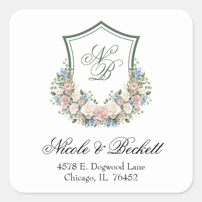 Sticker Carré Dusty Blue Floral Crest Mariage Adresse de retour (Devant)