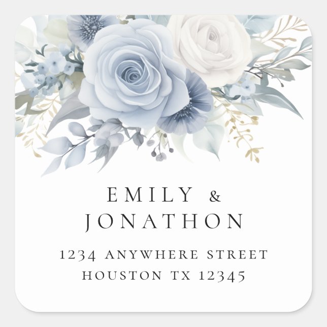 Sticker Carré Dusty Blue Florals Nom de retour Adresse Classi (Devant)