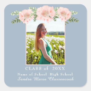 Sticker Carré Dusty Blue Moderne, Fleur rose graduation florale 