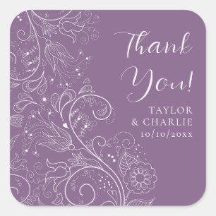 Sticker Carré Dusty Purple Élégant Mariage Floral Merci