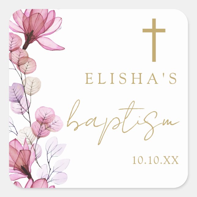 Sticker Carré Dusty Rose Élégant Floral moderne Baptême (Devant)