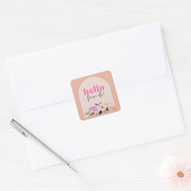 Sticker Carré Dusty Rose floral "hello quatre oh" rétro (Enveloppe)