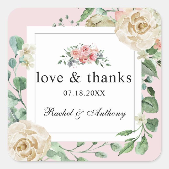 Sticker Carré Dusty rose Love & Thanks mariage d'aquarelle Resso (Devant)