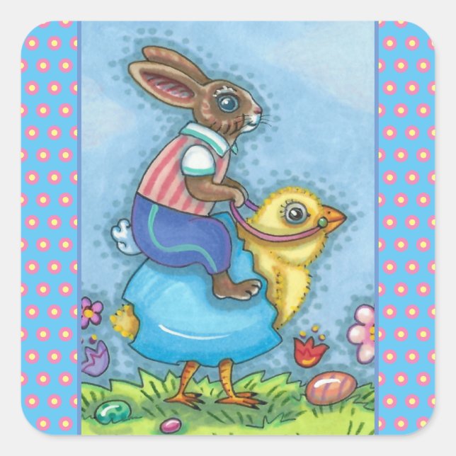 STICKER CARRÉ EASTER BUNNY ÉQUITATION CUTE POULET EN OEUF BLEU,  (Devant)
