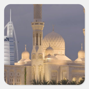 Sticker Carré EAU, Dubaï. Mosquée en soirée avec Burj al Arab