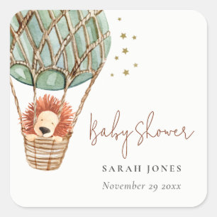 Sticker Carré Eco Green Hot Air Balloon Lion Baby shower magique