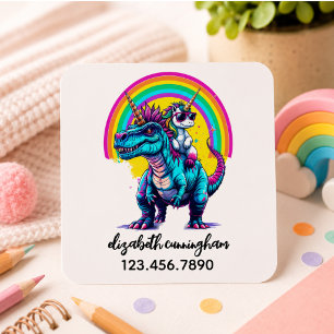 Sticker Carré École de nom de licorne chevauchant un dinosaure a