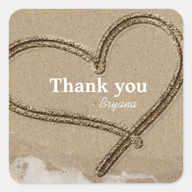 Sticker Carré Ecriture dans Sand Heart Beach Wedding Favor Stick (Devant)