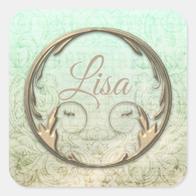Sticker Carré Écriture victorienne Damas or vert élégant (Devant)