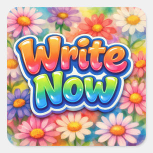 Sticker Carré Écrivez maintenant Texte avec Neon Daisy Garden