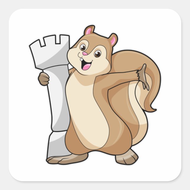 Sticker Carré Écureuil aux échecs avec pièce d'échecs King (Devant)