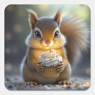 Sticker Carré Écureuil d'anniversaire avec Cupcake