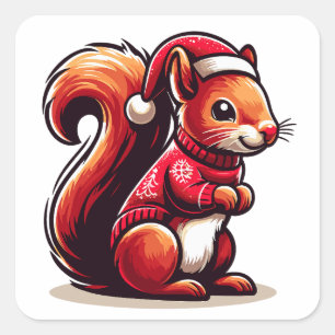 Sticker Carré Écureuil de Noël avec chapeau de Noël, écureuil de