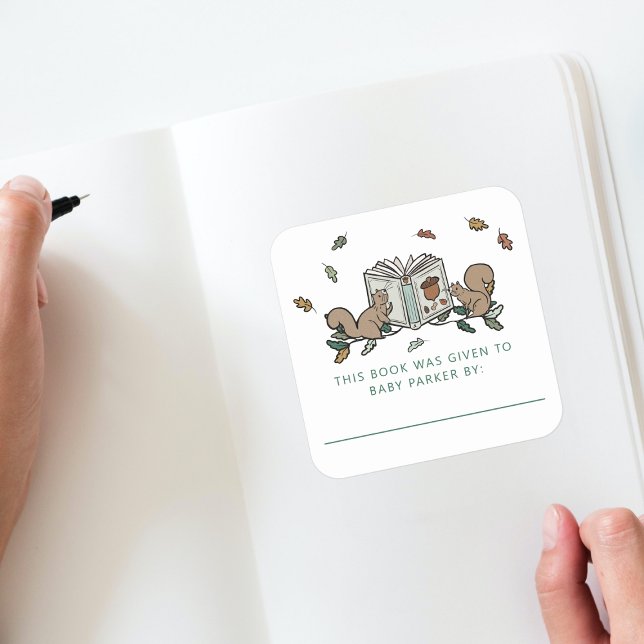 Sticker Carré Écureuils de bois Livre d'histoire Plaques de livr (Woodland Storybook Baby Shower Bookplate )