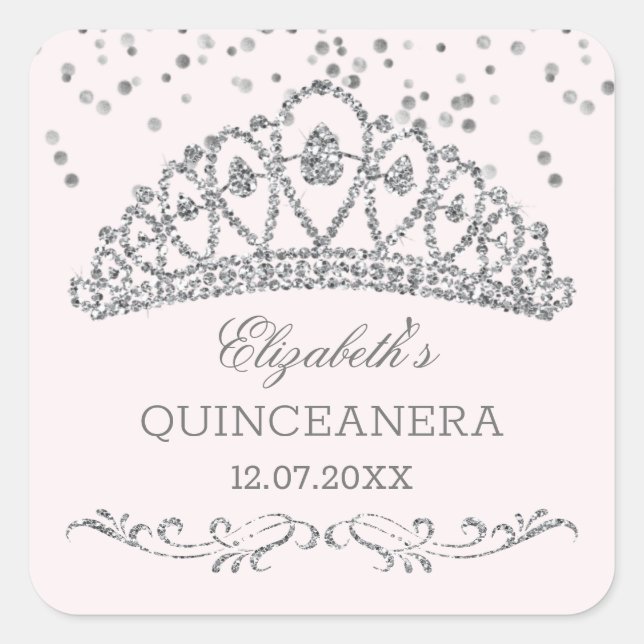 Sticker Carré Effet parties scintillant argent tiara, confetti Q (Devant)