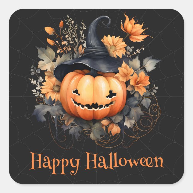 Sticker Carré Éffrayant Citrouille Web Black Orange Happy Hallow (Devant)