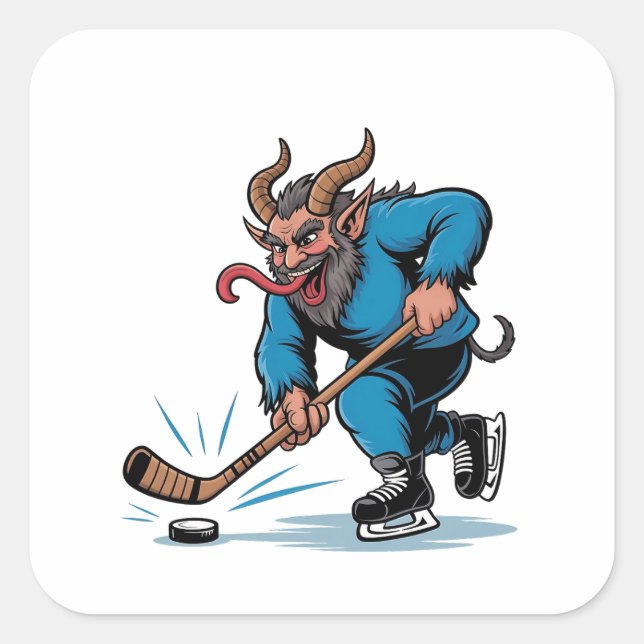 Sticker Carré Éffrayant Krampus Jouer au hockey sur glace Noël (Devant)