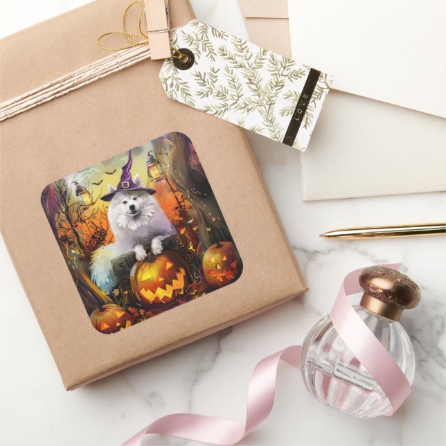 Sticker Carré Éffrayant Samoyed Chien Halloween sorcière et Citr (Cadeaux)