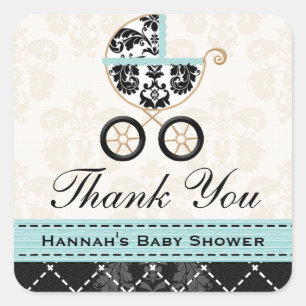 Sticker Carré Eggshell Blue Damask Baby Carriage Merci