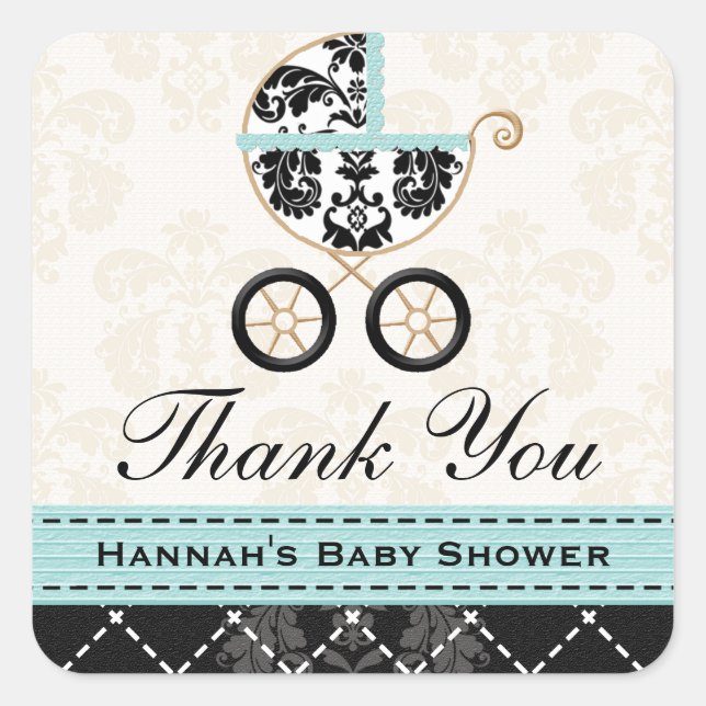 Sticker Carré Eggshell Blue Damask Baby Carriage Merci (Devant)