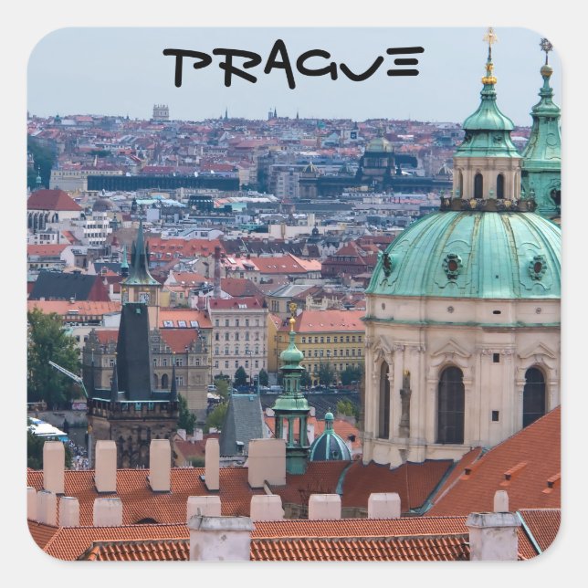 Sticker Carré Eglise St Nicolas et toits de Prague (Devant)