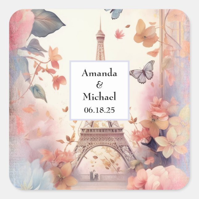 Sticker Carré Eiffel Tower Butterflies and Flowers Wedding (Devant)