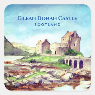 Sticker Carré Eilean Donan Castle Ecosse aquarelle peinture