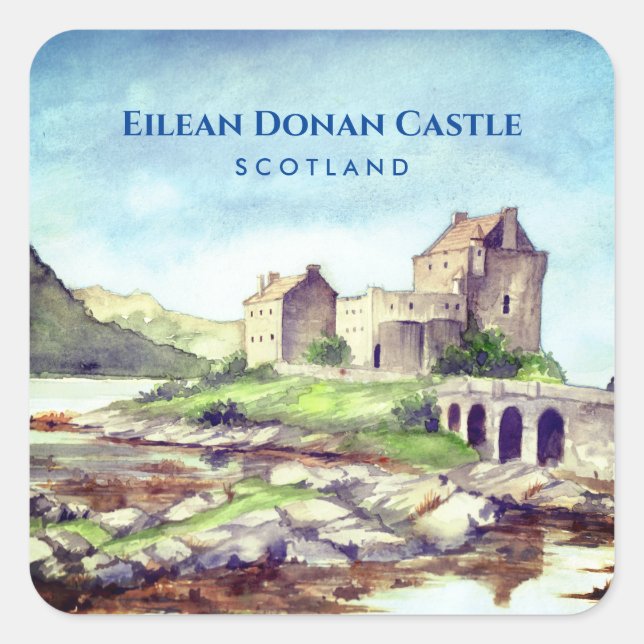 Sticker Carré Eilean Donan Castle Ecosse aquarelle peinture (Devant)