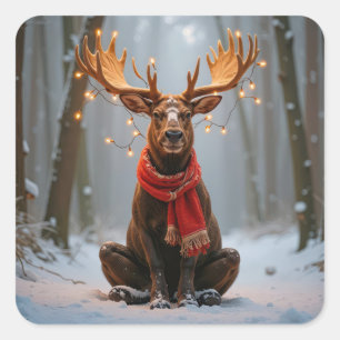 Sticker Carré Élan de Noël portant une écharpe et des lumières