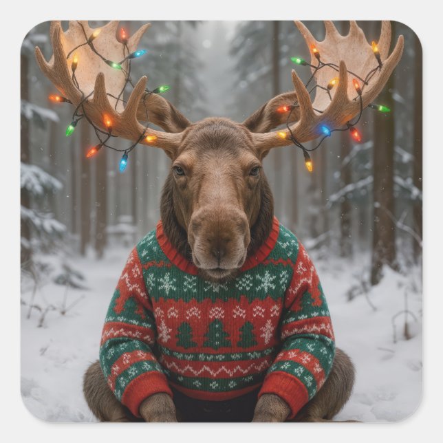 Sticker Carré Élan portant un pull de Noël laid (Devant)