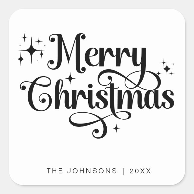 Sticker Carré Elegan noir & blanc Joyeux Noël Script personnalis (Devant)