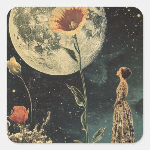 Sticker Carré Élégance Lune - Femme avec Lune