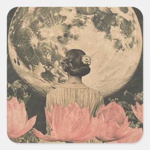 Sticker Carré Élégance Lune - Vue arrière d'une femme avec Lune