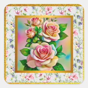 Sticker Carré Elégance Rose rose et jaune Aquarelle Pastel