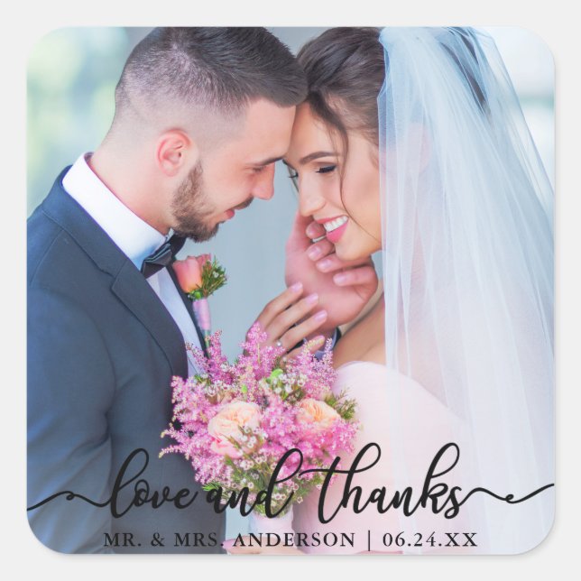 Sticker Carré Élégant amour et merci Mariage photo noir (Devant)