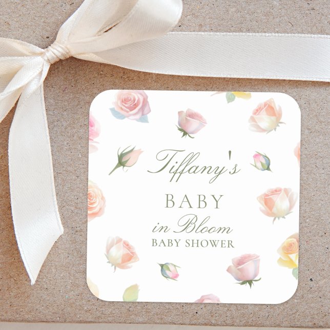 Sticker Carré Elégant Aquarelle bébé dans Baby shower Fille Fleu (Créateur téléchargé)