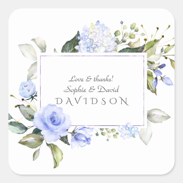 Sticker Carré Elégant Aquarelle bleu Fleurs Mariage de cadre (Devant)