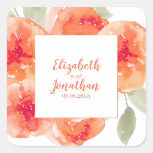 Sticker Carré Elégant Aquarelle Pêche pivoines Floral Mariage